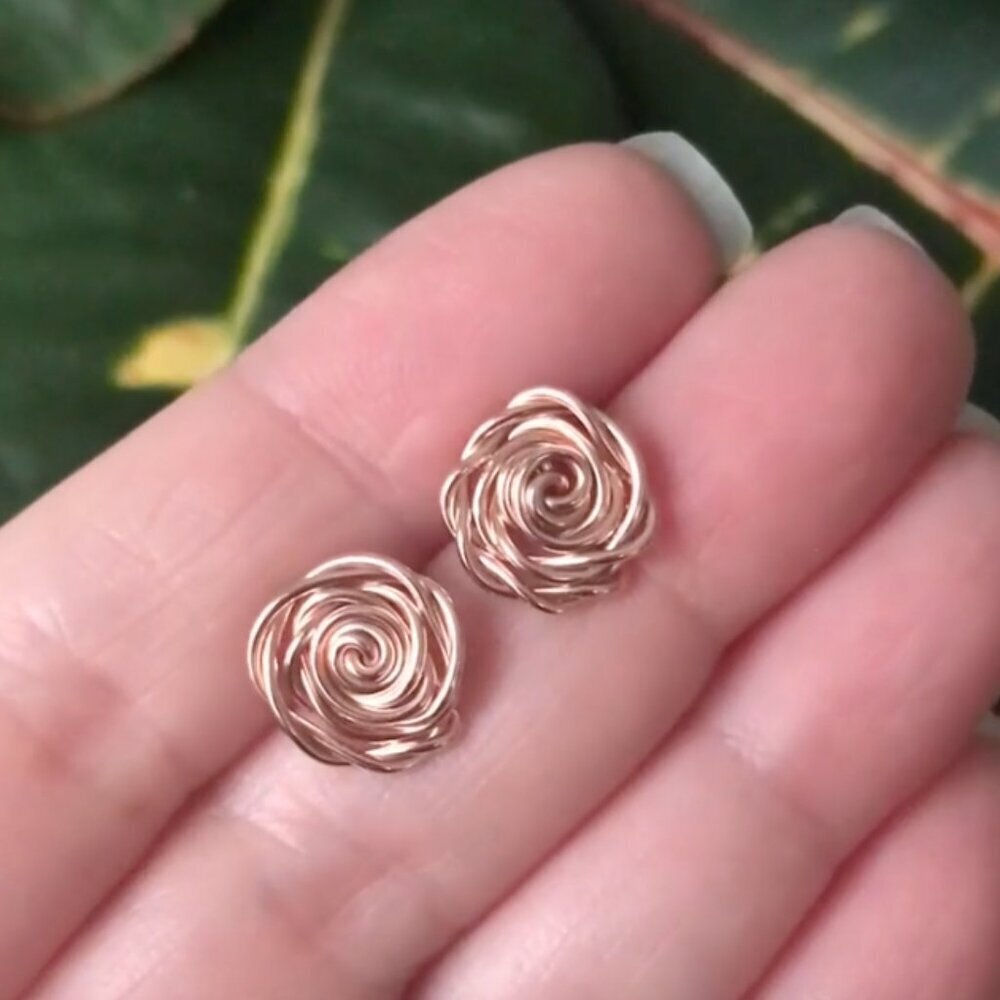 14K Rose Gold Filled Rosette Flower Stud Earrings Handmade Wire Wrapped - 10mm